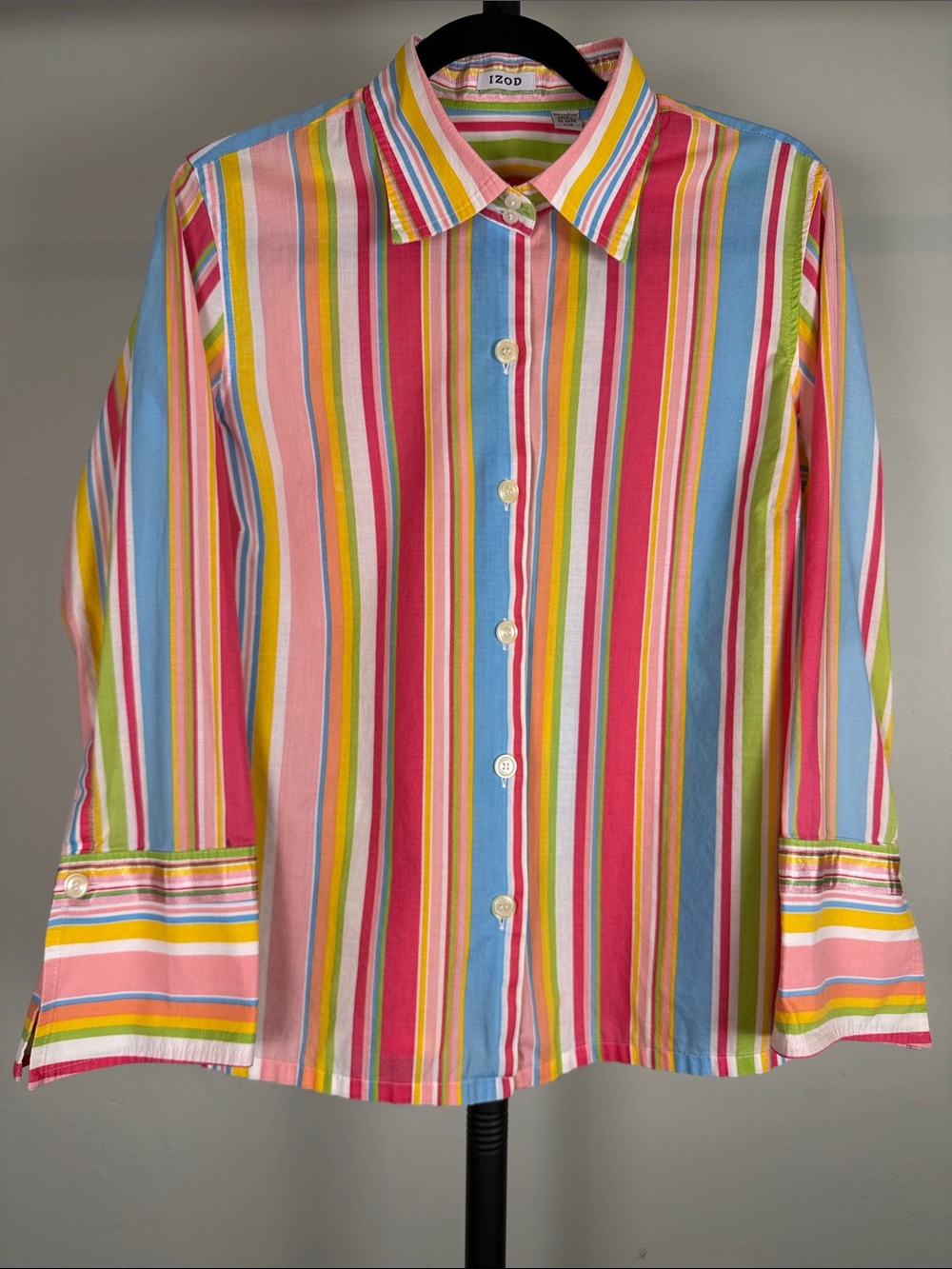 Izod Women’s Multi-Stripe Button-Down Shirt in Pink, Blue, Green, Yellow🍭 Size L